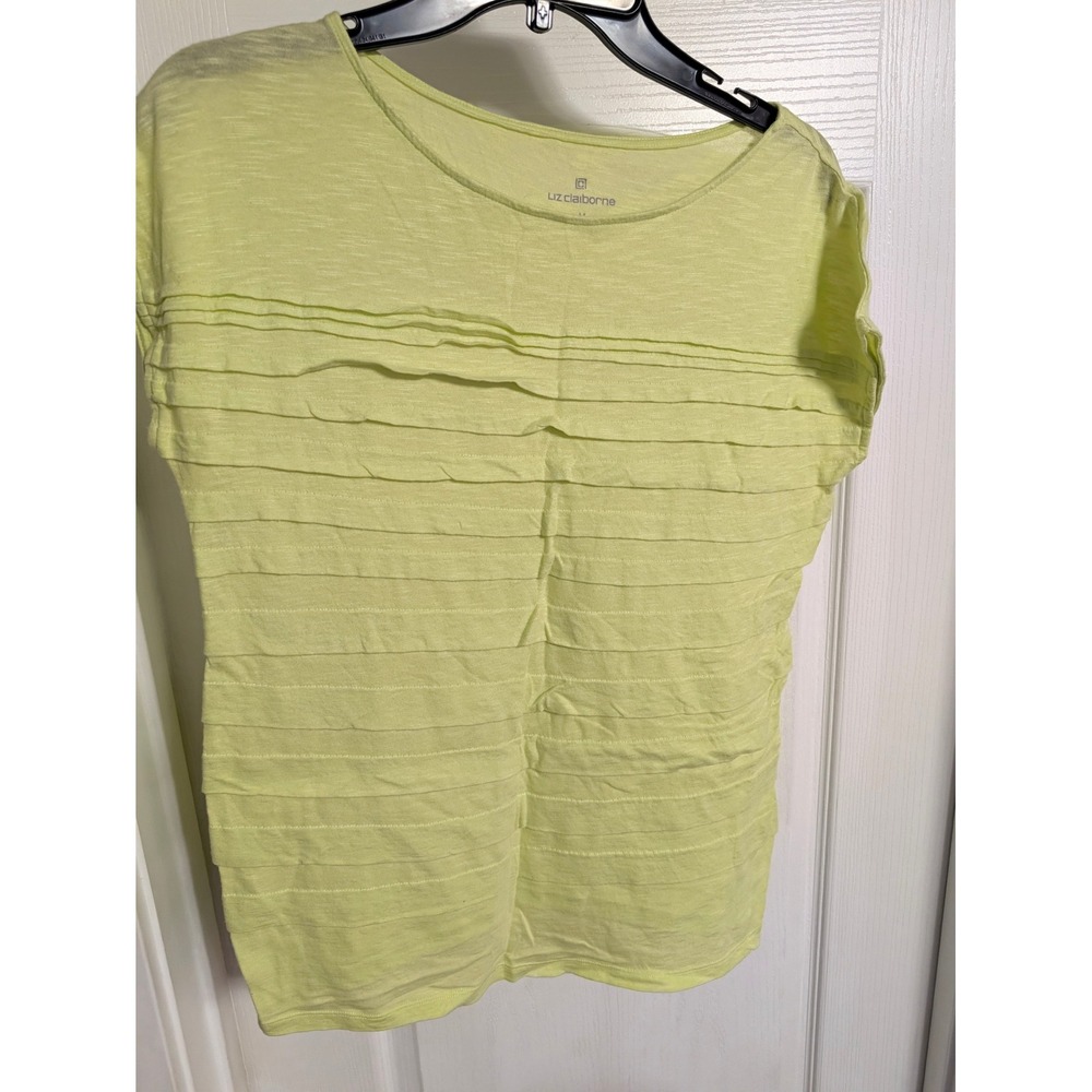 Liz Claiborne Womens Lime Green Tiered Ruffle Front Slub Knit Cap Sleeve Top M